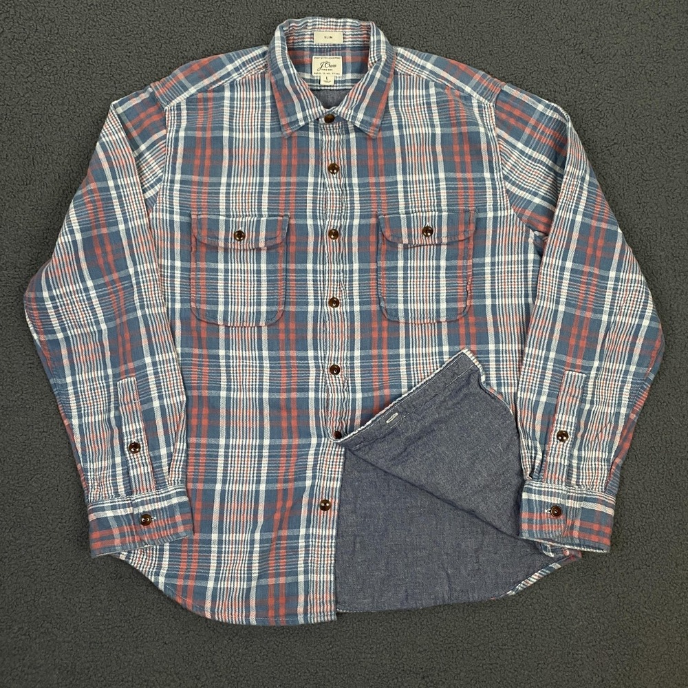 J Crew Shirt Mens Large Blue Red Slim Fit Lined Flannel Button Down Cotton
